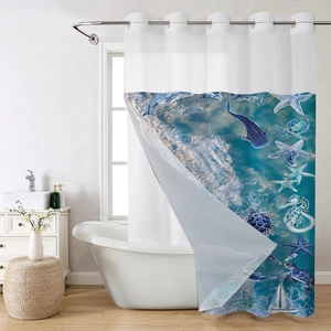 Detail of waterproof polyester shower curtain with metal eyelets and marine patterns