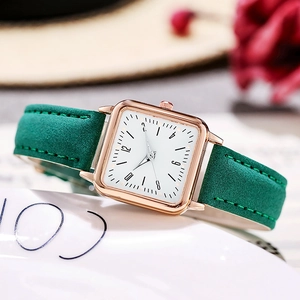 Luminous square women's quartz watch with rose gold case and green leather strap