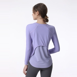Women Sportswear Top Polyester Spandex Long Sleeve Yoga T-Shirt Breathable Mesh Patchwork Athletic Gym Workout Top For Women