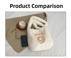 Close-up of white plush shoulder bag with Sweet text and donut embroidery details