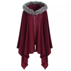 Dark red hooded knit cloak with faux fur trim, zipper closure and metal chain detail