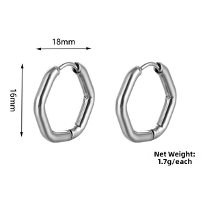 Detailed view of polished silver steel earrings with dimensions 18mm by 16mm