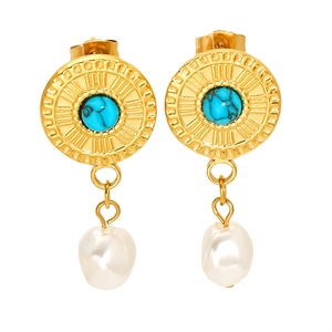 Vintage 18K gold-plated stainless steel fan earrings with turquoise and baroque pearls