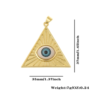 Detail showing dimensions of the gold triangle evil eye pendant, 37mm high and 7g weight