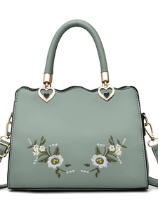 Women Embroidery Handbag PU Leather Flower Crossbody Bag Scalloped Edge Heart Metal Buckle Large Capacity Shoulder Bag