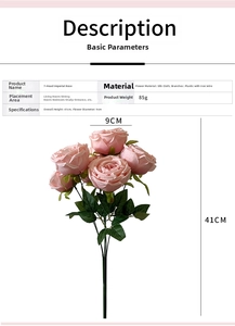 Detail showing 41cm pink silk rose bouquet height and 9cm flower diameter dimensions