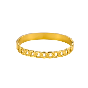 Detailed close-up of golden chain link bangle with a secure hinged closure design