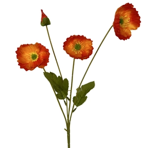 Realistic orange-red poppy spray with three blooming flowers and a green leaf bud