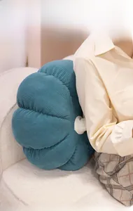Gros plan d'un coussin citrouille en velours côtelé cyan utilisé comme soutien lombaire