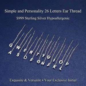 S999 Fine Silver Alphabet Letter Ear Threads For Women Minimalist Long Chain Drop Earrings Hypoallergenic Jewelry Gift