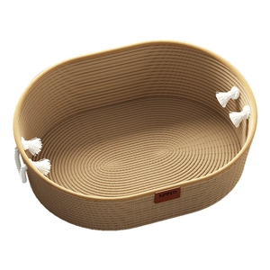 Woven cotton rope cat nest with white tassel trim and durable scratch-resistant texture