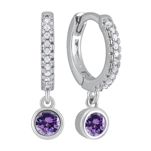 Elegant S925 silver hoop earrings with white pavé zircons and a round purple drop stone