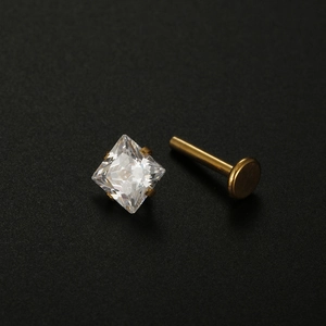316L stainless steel labret stud with square zircon and four-prong gold finish