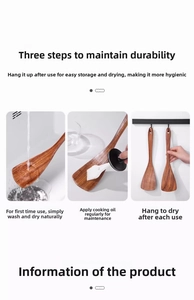 Maintenance guide for ebony wood spatula showing washing, oiling and hanging steps