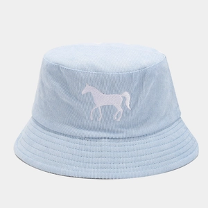 Light blue corduroy bucket hat with white horse embroidery and wide brim