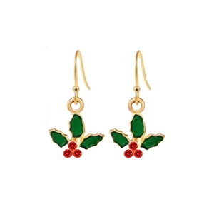 Detailed view of Christmas holly leaf earrings with green enamel and red rhinestones