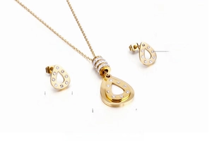 Detailed specs of gold teardrop jewelry set with white zircon and stainless steel dimensions