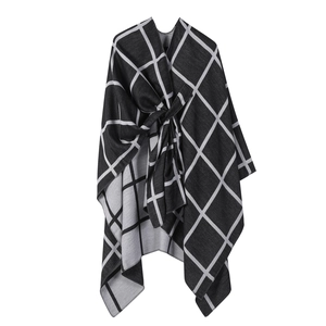 Reversible black and white plaid shawl cape with knotted front and soft cashmere feel