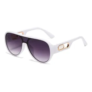 Oversized white sunglasses with purple gradient lenses and gold buckle details from a side view