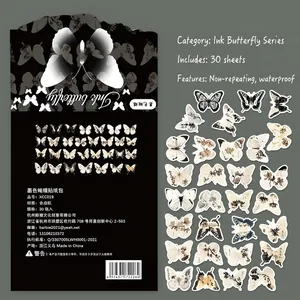 Waterproof butterfly sticker set with 30 pieces of black ink sketch designs for scrapbooking