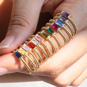 Birthstone Ring Brass 18K Gold Plated Baguette Cut Colorful Zircon Adjustable Open Finger Ring Jewelry For Women