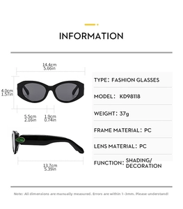 Detailed size chart of women's sunglasses with frame dimensions and specifications