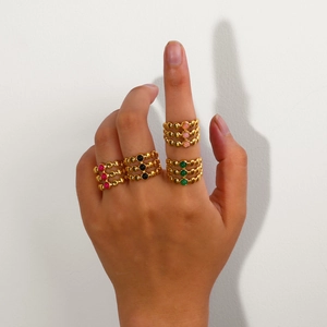 Retro 18k gold stainless steel C-shape open rings with colorful natural stones set