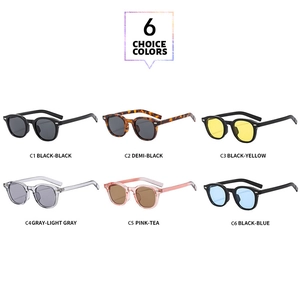 Detailed grid showing vintage oval sunglasses in six stylish color frame and lens combinations