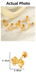 Detailed view of cubic zirconia bow piercing stud with precise dimensions 0.89cm x 0.62cm