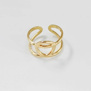 Detailed view of golden stainless steel double-layered ring with intertwined circles