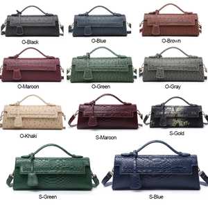 Detailed matrix of ostrich and snake skin textures for women's crossbody baguette bags
