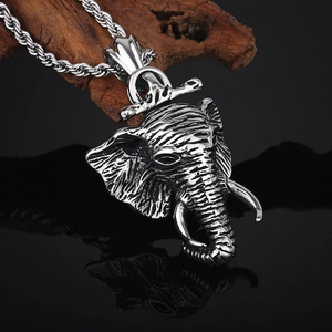 Hip hop elephant head pendant necklace in silver stainless steel with twist chain