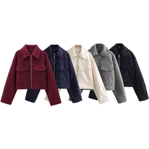 Veste Courte Femme Laine Bouclée Fermeture Éclair Col À Revers Décontracté Chic Couleur Unie Avec Poches