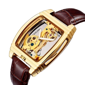 Skeleton automatic mechanical watch with gold square case and brown leather strap