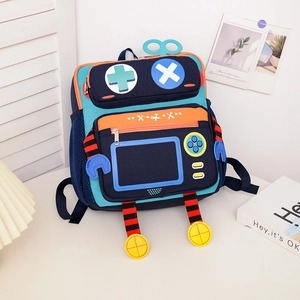 Cute robot cartoon backpack for kids in vibrant colors with decorative 3D robot features