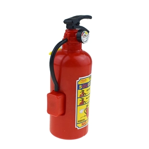 Detailed view of red mini fire extinguisher water gun with nozzle and pressure gauge