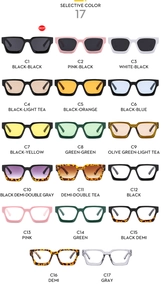 Grid display of square retro sunglasses in seventeen diverse color frame and lens options