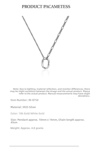 Detailed view of S925 sterling silver oval pendant necklace with product dimensions