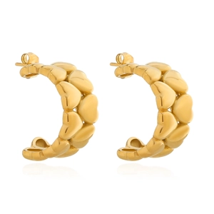 Close-up of golden stainless steel earrings featuring a unique heart-shaped linked pattern