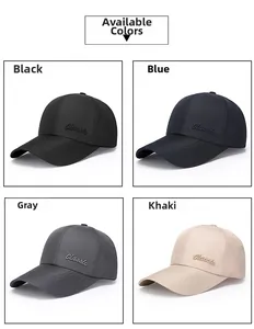 Classic embroidered baseball caps for men shown in black, blue, gray, and khaki colors
