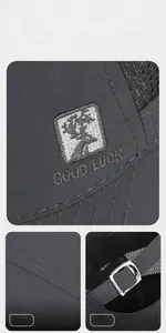 Macro detail of dark grey quick-dry cap showing deer logo embroidery and adjustable metal buckle