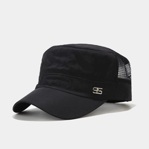 Detail view of black military cap featuring breathable mesh and silver number 95 badge