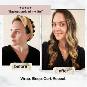 Before and after comparison of heatless hair curler showing natural wavy results