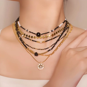 French vintage multi-layer necklace with black spinel beads and gold sun pendant