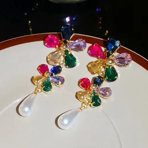 Luxury gold-plated floral earrings with colorful gemstones and teardrop pearls