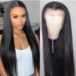 Side-by-side comparison of sleek black long straight synthetic lace front wig on a model
