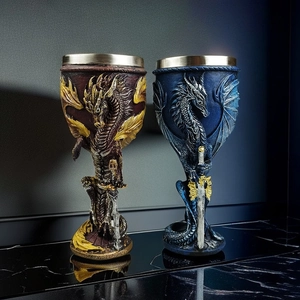 Dragon and sword relief wine goblet set in red and blue gold with stainless steel liner