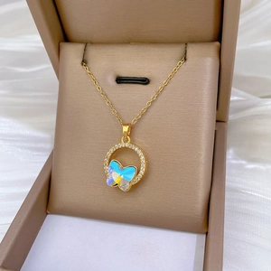 Elegant gold titanium steel necklace with colorful crystal butterfly and pavé diamonds