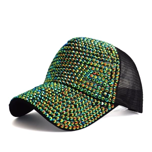 Detailed view of fashionable baseball cap with colorful rhinestones and breathable mesh back