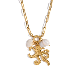 Collana con polpo dorato, conchiglia e perla su una catena a graffetta